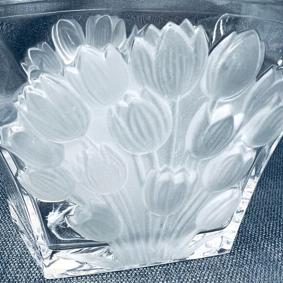 Bowl Vase Lead Crystal Frosted Tulips Art Glass Boho Clear Home Decor VTG Glam - Picture 8 of 11
